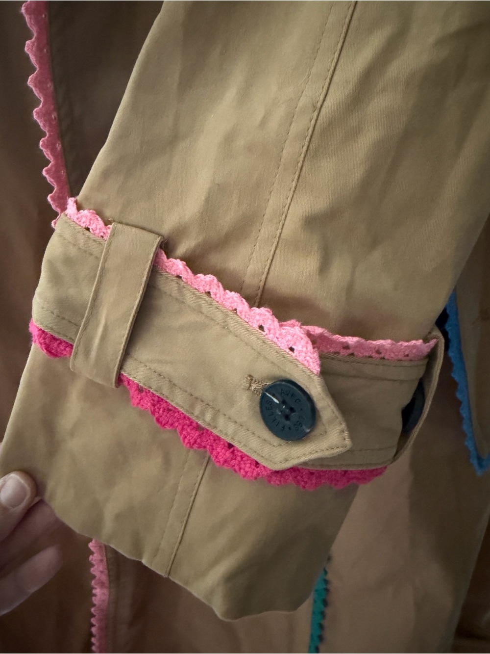 Avec Les Filles Tan Trench Coat with Pink Trim and Blue/Green Accents - Picture 3 of 3